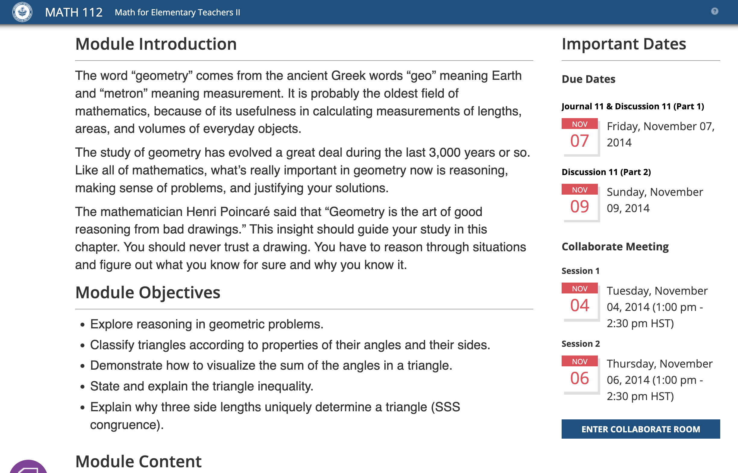 Math 111 fully online course